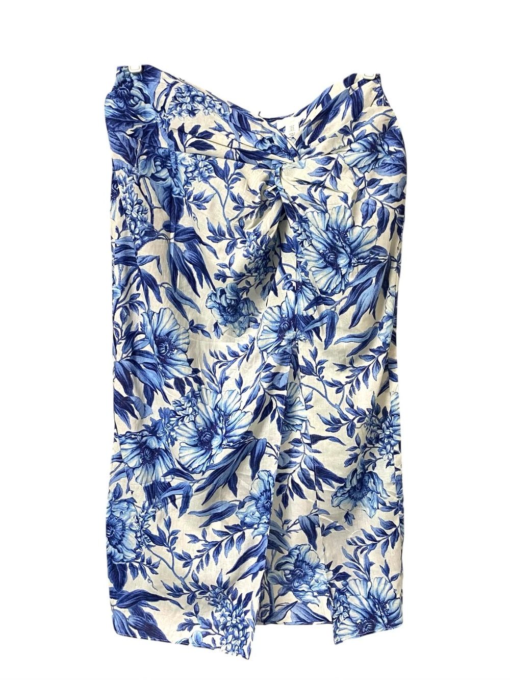 H&M blue white floral print draped front linen blend slit midi skirt size 14